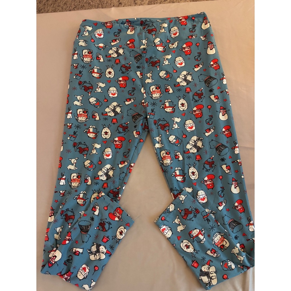LuLaRoe Holiday Leggings Blue Snowman Reindeer Bear Winter Print Womens TC